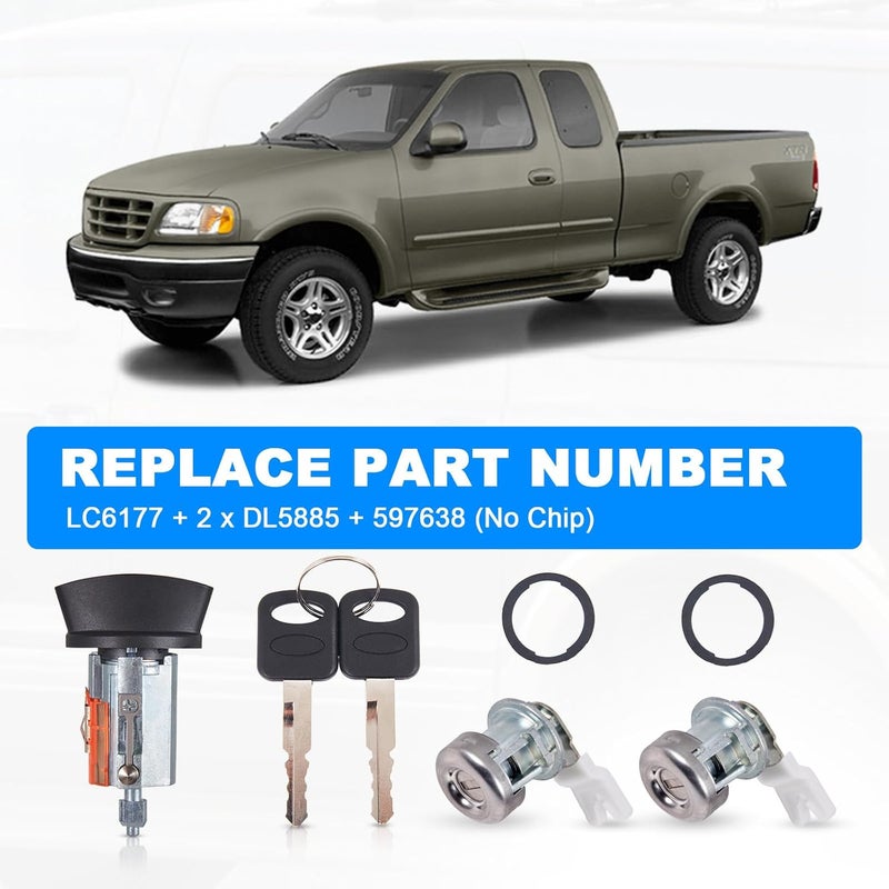 AUTOBABA Ignition Switch Lock Cylinder & 2 Pcs Door Lock Cylinder with Keys Compatible with 1997-2003 Ford F150, 1997-2007 Ford F250 F350, 2000-2005 Excursion Replaces# LC6177 + 2 x DL5885 + 597638 - Image 3
